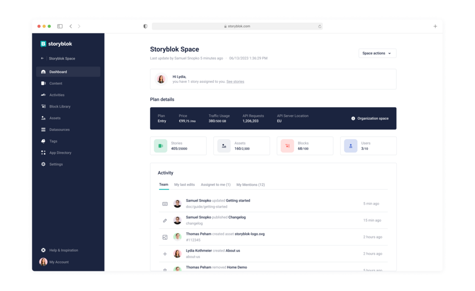 Storyblok Dahboard