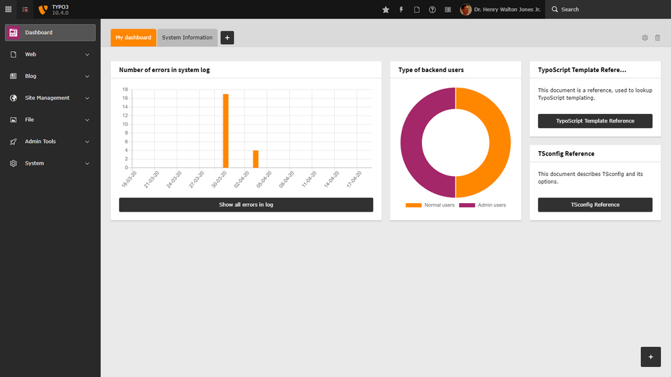 TYPO3 10 Backend Dashboard